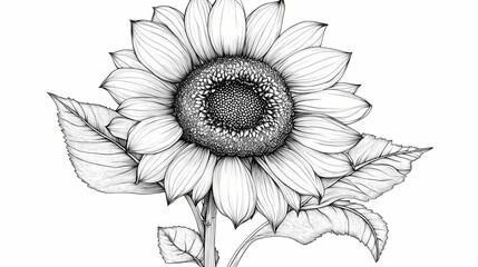 Sunflower in black line drawing, sharp details, and clear white background. Crystalline Black. Illustration