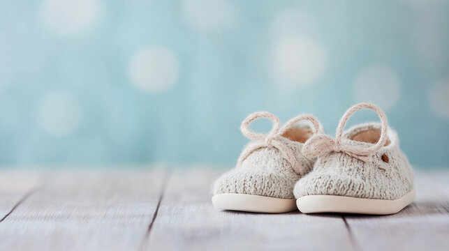 Delicate handmade baby shoes in beige tones displayed on rustic table with dreamy bokeh background