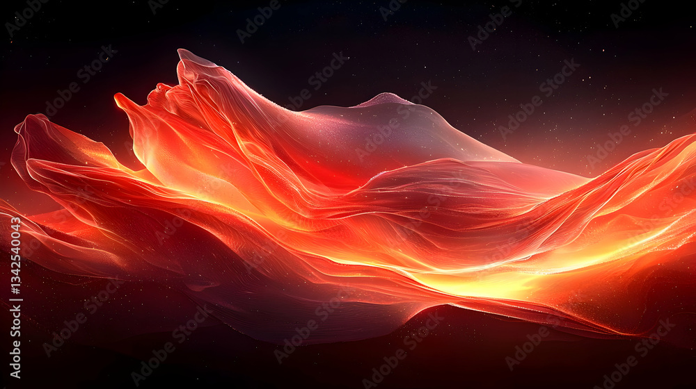 Poster ethereal abstract digital art with fluid waves in warm colors and luminescent glow