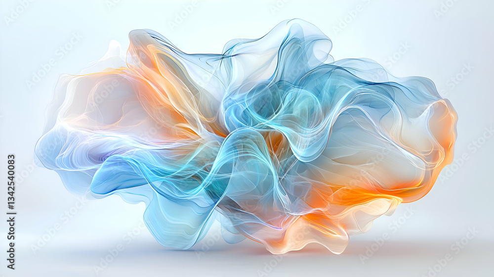Poster ethereal abstract fluid waves in blue and orange with translucent textures and gentle motion