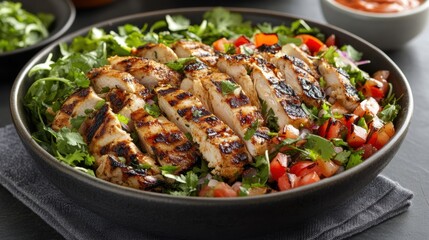Fototapeta premium A symphony of textures and flavors unfolded in a warm, tortilla embrace: tender grilled chicken, crisp vegetables bathed in tangy dressing, and a symphony of fresh herbs, creating a delightful