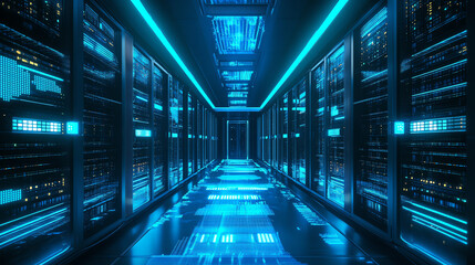 Modern data center with glowing blue lights and rows of advanced servers and equipment.