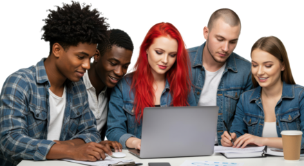 A group of diverse coworkers gathers around a laptop, actively discussing and collaborating on a business project. They are engaged and sharing ideas, showcasing teamwork