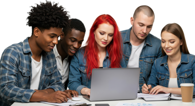 A group of diverse coworkers gathers around a laptop, actively discussing and collaborating on a business project. They are engaged and sharing ideas, showcasing teamwork - Powered by Adobe