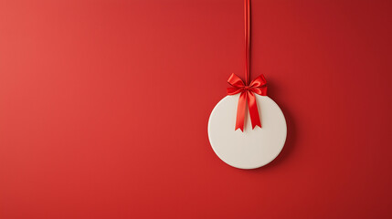 Minimalist round white sign with red ribbon and bow with copy space