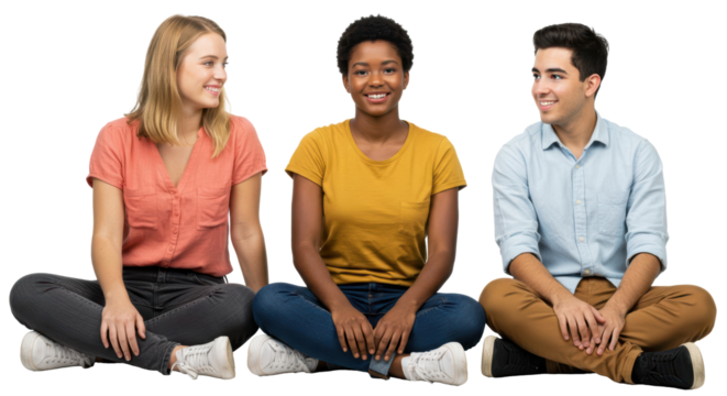 Three coworkers sit comfortably on the floor in a business environment. They share smiles and conversation, showcasing teamwork and collaboration among diverse individuals