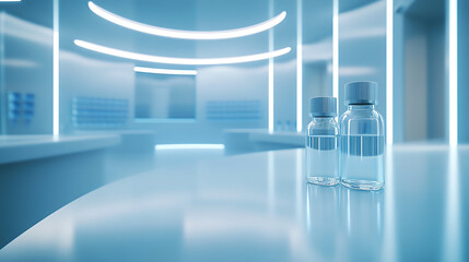 Modern laboratory with two vials on a sleek surface, illuminated by futuristic lighting.
