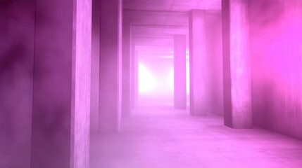 Fototapeta premium Pink Neon Lit Concrete Hallway with Fog and Columns