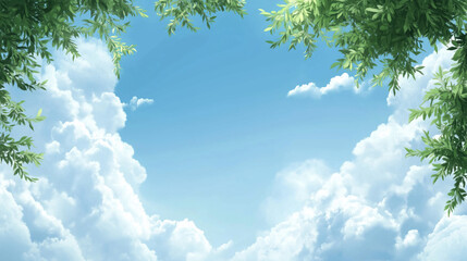 Obraz premium Clear Blue Sky with Soft White Clouds and Green Tree Branches in the Foreground Offering Ample Copy Space for Design or Text