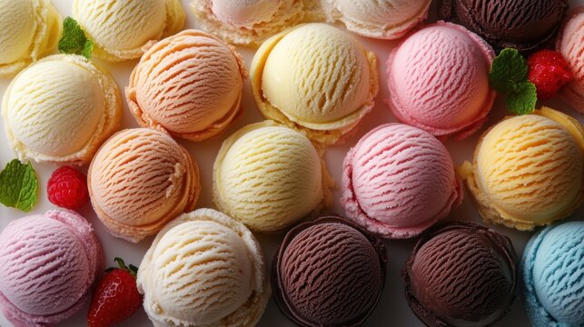 A vibrant tableau of ice cream, a symphony of colors, featuring scoops in shades of vanilla, chocolate, strawberry, and mint, each a miniature masterpiece awaiting the touch of a spoon.