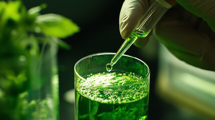 Close-up of a green liquid being examined in a laboratory setting with a pipette.