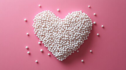 Fototapeta premium A heart-shaped tableau, meticulously crafted from white pills, nestled on a vibrant pink backdrop, symbolizing love and affection in a subtle yet captivating way.