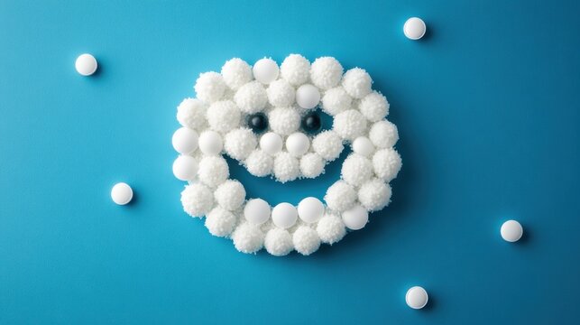 A cheerful grin, crafted from white pills, sat serenely against a vibrant blue backdrop, a playful reminder of the simple joys of life.