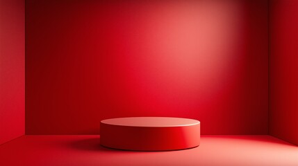 Obraz premium Red Background Product Showcase on Modern Circular Platform: Elevate Your Presentation with Minimalism and Bright Colors