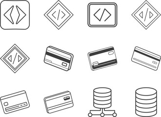 Outline Icons Representing Software Development, Payment and Data Storage for Creative Financial Application Concepts