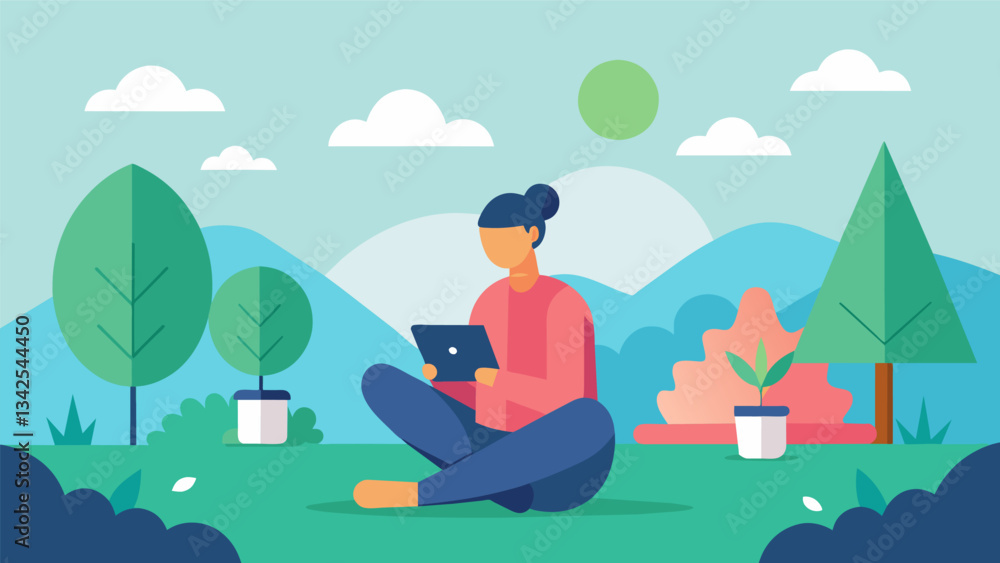 Poster a focus on selfcare and simplicity with regular breaks from technology and time spent outdoors.. vec