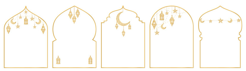 Ramadan or Al-Adha golden decoration. Islamic windows, mosque doors, holiday frames. Lanterns, crescent, stars. Vertical format for cards. Transparent background in vector file.