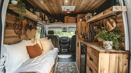 Cozy rustic interior of a converted van with wooden decor and storage solutions
