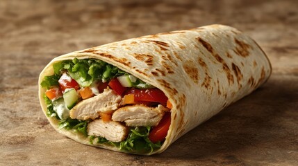 A golden-hued Greek chicken gyros wrap, its layers bursting with juicy chicken, fresh vegetables, and tangy tzatziki sauce, ready to transport taste buds to the vibrant heart of Greece.