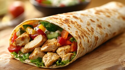 A golden-hued Greek chicken gyros wrap, its layers bursting with juicy chicken, fresh vegetables, and tangy tzatziki sauce, ready to transport taste buds to the vibrant heart of Greece.