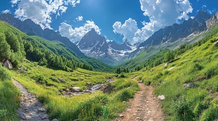 Obraz premium A stunning alpine hike with panoramic views of jagged peaks and green valleys 