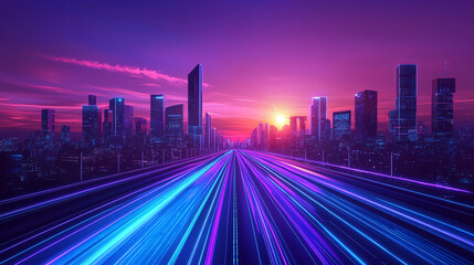 Obraz premium Futuristic cityscape with vibrant neon lights under a dramatic sunset sky.