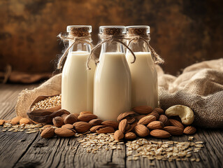 Three bottles of nut milk surrounded by almonds and grains on rustic wooden table.