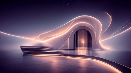 Futuristic Architecture  Illuminated Curved Walls  Neon Lights  Modern Design