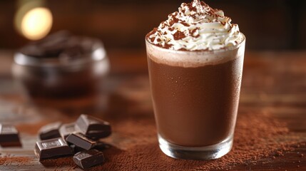 A rich chocolate concoction, topped with whipped cream and a sprinkle of cocoa powder, inviting the drinker to indulge in its decadent flavor.