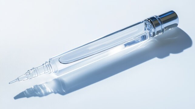 A clear, glass pipette filled with retinol serum rests on a pristine white background, its delicate form a testament to the potent elixir is purity and efficacy.