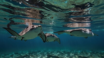 Underwater stingrays gracefully glide. Sunlight illuminates the clear water