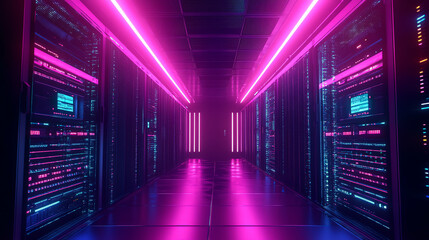 Fototapeta premium Futuristic server room with neon lighting and rows of data racks in a vibrant setting.