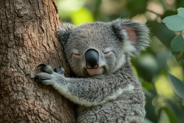 Fototapeta premium Sleepy Koala Peacefully Resting in the Crook of a Tree as Sunlight Filters Through the Leaves in a Serene Australian Forest