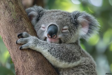 Obraz premium Sleepy Koala Peacefully Resting in the Crook of a Tree as Sunlight Filters Through the Leaves in a Serene Australian Forest