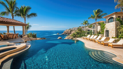 Obraz premium Breathtaking Luxury Pool Overlooking the Ocean with Relaxing Deck Chairs on a Bright, Sunny Day, Perfect Coastal Retreat Setting