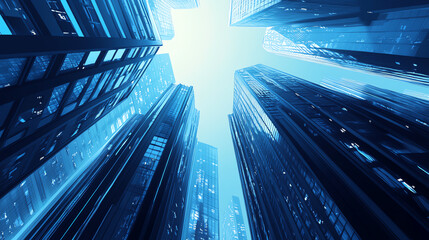 Modern skyscrapers silhouetted against a bright sky in an urban cityscape.