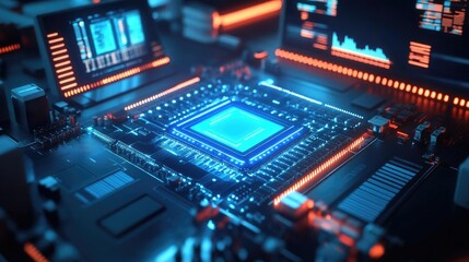Fototapeta premium Close Up View Of Illuminated Blue Computer Microchip On Circuit Board With Orange Glowing Data Streams And Abstract Backgrounds For Technology Illustration Or Design Purposes. High Tech Image For