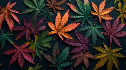 Colorful cannabis leaves arranged on dark background.