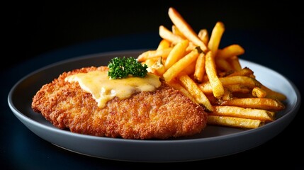 Crispy Wiener Schnitzel with Golden Fries  Gourmet Food Photography