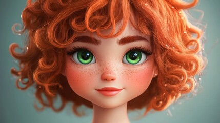 Portrait of a Cute Girl with Red Curly Hair and Green Eyes