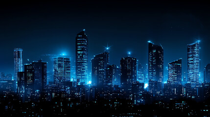 Illuminated modern city skyline at night with glowing blue lights and skyscrapers.