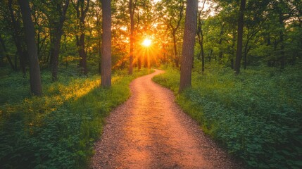 Naklejka premium A breathtaking view of a scenic hiking trail through a lush forest, with sunlight filtering through the trees 