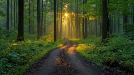 Fototapeta premium A breathtaking view of a scenic hiking trail through a lush forest, with sunlight filtering through the trees 