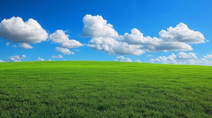 Fototapeta premium Sunny Rural Meadow: Vibrant Green Grass, Wildflowers, and Blue Sky Merge in Idyllic Natural Landscape