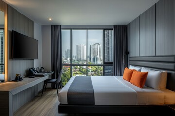 Modern hotel bedroom interior with city view and comfortable furnishings