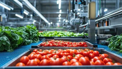 Automated food processing line with tomatoes and lettuce