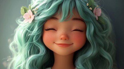 Naklejka premium Portrait of a Happy Girl with Teal Hair and Floral Crown