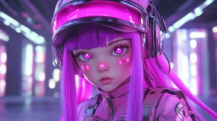 Cyberpunk Anime Girl Portrait with Pink Neon Lights