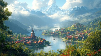 Fototapeta premium Serene Lakeside Village nestled in Majestic Mountains