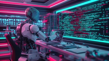 Advanced Robot Programming In A Modern Tech Lab Featuring Neon Lighting Effects And Displays With Advanced Programming Techniques And Automation Solutions For Robotics Workflows And Processing